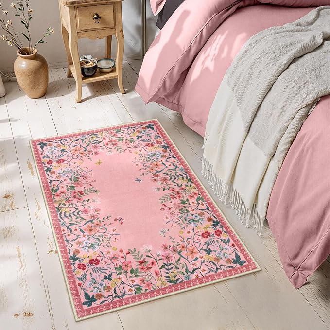 Lahome Boho Floral 2x3 Small Pink Rugs for Bedroom Washable Bathroom Rugs,Boho Floral Door Mat Indoor Entrance,Soft Non-Slip Indoor Carpet Throw Rug for Bedside Entryway Laundry(Pink,2x3)