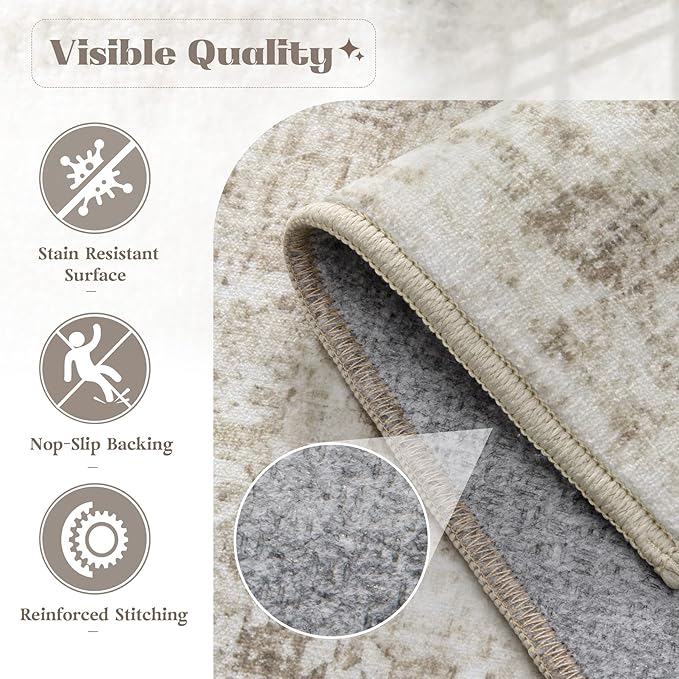 Area Rug 5x7 Washable Rug, Vintage Boho Medallion Rugs Non-Slip Soft Low Pile Large Distressed Rug Indoor Retro Carpet for Living Room Bedroom Dining Room Home Office (Taupe, 5'x7')
