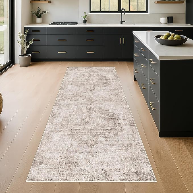 Stain Resistant 2x6 Kitchen Runner Rugs Washable Non Slip - Beige Tan Long Bathroom Runners, 0.25" Low Pile Rubber Backing Rug for Hallway, Entrance Indoor, Modern Farmhouse Home Décor