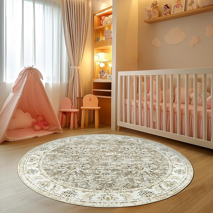 jinchan Round Rug 5ft Area Rugs Vintage Floral Distressed Design - Machine Washable Non-Slip Low-Pile Ultra-Thin Circle Rug for Entryway Bedside Living Room Dining Room Bedroom (5' Round,Taupe)