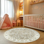 jinchan Fiora Round Rug 6ft Area Rugs Vintage Floral Distressed Design - Machine Washable Non-Slip Low-Pile Ultra-Thin Circle Rug for Entryway Bedside Living Room Dining Room Bedroom (6' Round, Taupe)