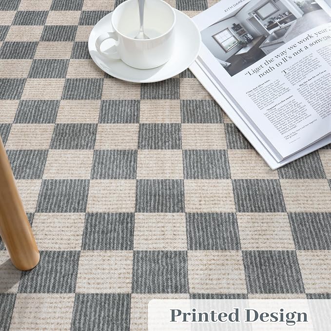 Machine Washable 5x7 Area Rugs for Living Room Checkered, Non Slip Soft Low Pile Geometric Modern Neutral Playroom Rugs for Bedroom Indoor, Large Carpet Rugs for Dining Room Kitchen(Grey, 5'x7')
