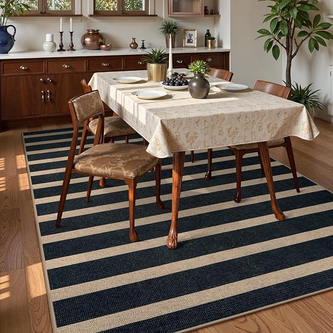 Lahome Striped Easy Jute Area Rug 6x9, Outdoor Patio Rug Neutral Black Carpet for Living Room Classroom, Farmhouse Low Pile Non Slip Non Shedding Floor Carpet for Dining Room Office