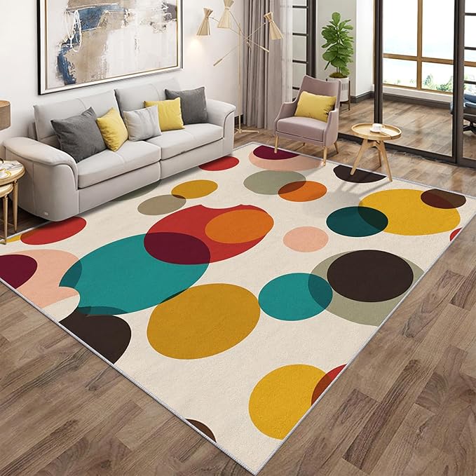 Mid Century Modern Rugs for Home Decor, 5x7 ft, Boho Geometric Circle Area Rugs for Living Room, Soft Non Slip Washable Abstract Geometry Carpet Bedroom Decorations Dt-Ghf-19