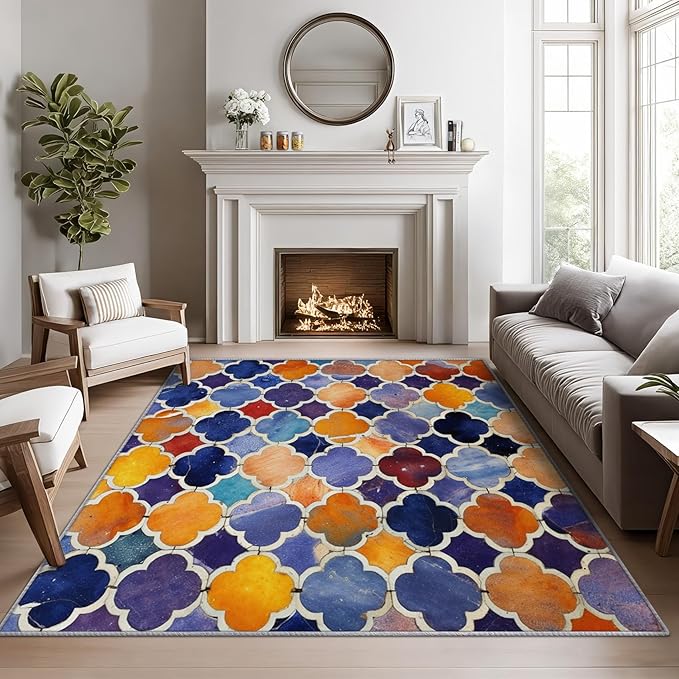 Moroccan Rugs for Living Room -Moroccan Trellis Rug, 3x4 ft, Colorful Geometric Area Rugs for Bedroom, Oriental Tile Washable Carpet for Entryway, Kitchen, Traditional Patchwork Decor & Gifts