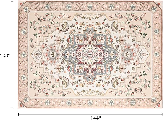 Phantoscope Washable Area Rug 9'x12' Non-Slip, Vintage Boho Rugs for Living Room, Bedroom, Dining Room, Persian Floral Medallion Pattern, Low-Pile Foldable Floor Carpet, Ivory Rose/Fall Bloom