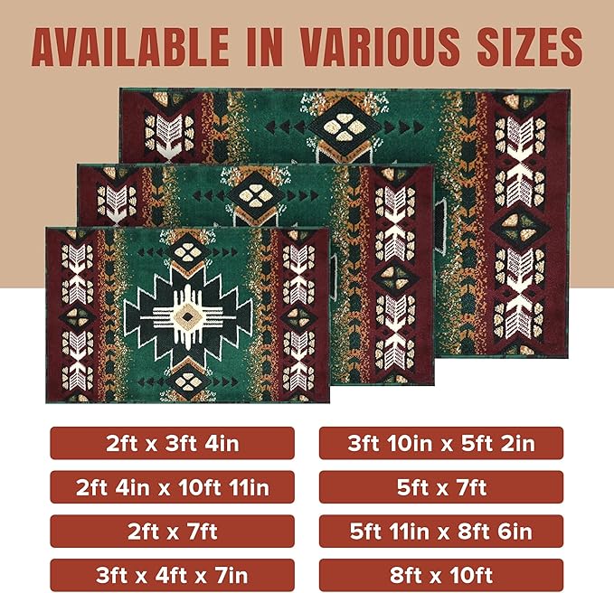 YHSF South West Native American Area Rug C318 - Easy Clean, Thick, Soft, Durable Native Tribal American Indian Inspired Rug for Bedroom/Living Room and More - Hunter Green, 5 Feet x 7 Feet