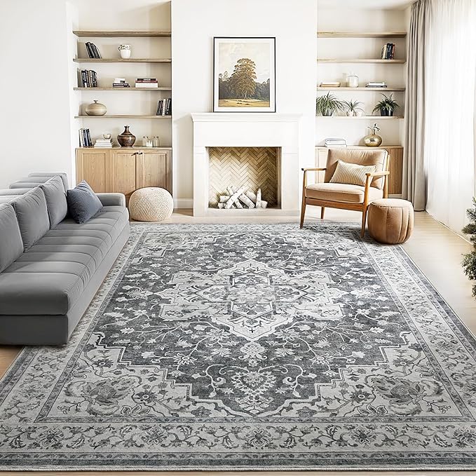 Marsail 8x10 Washable Area Rug, Soft & Slip-Resistant Large Area Rug with Reinforced Bound Edges, Vintage Short-Pile Washable Rug with Floral Pattern for Living Room, Dinning Room and Bedroom, Grey