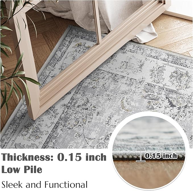 jinchan Fiora 10x12 Area Rugs for Living Room - Machine Washable Vintage Floral Distressed Design Stain Resistant Carpet Low Pile Non-Slip Large Rug for Bedroom Dining Room Home Office (10‘x12', Grey)