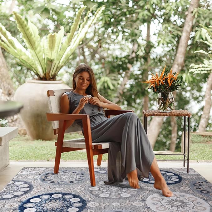 CAMILSON Indoor Outdoor Rug 5x7 Bohemian Medallion Floral Area Rugs for Indoor and Outdoor Patios Easy-Cleaning Non-Shedding Living Room Garden and Kitchen Washable Outside Carpet (5 x 7 / Blue)