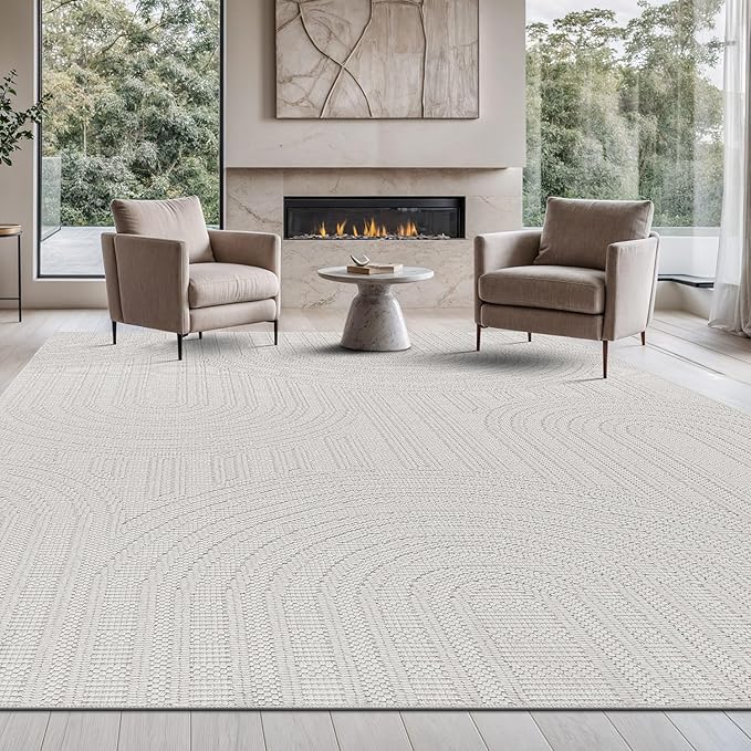Beverly Rug Micro Loop Large Area Rug White 10x14 Modern Luxury Circle Geometric Durable Indoor Area Rugs for Living Dining Room Office Stain Resistant Non Shedding Casual Indoor Carpet White 10x14