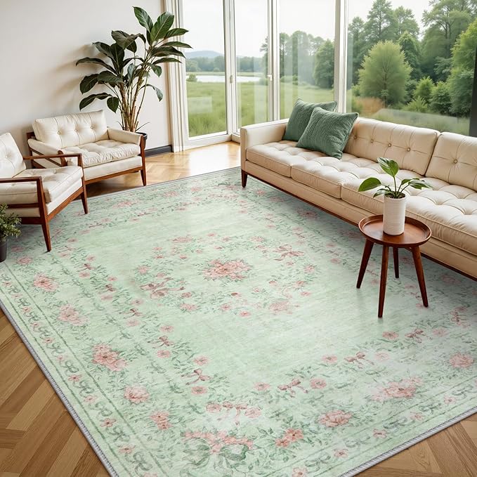 Wonnitar Green Area Rug for Living Room, Floral Bow 8x10 Washable Rug, Ultra-Thin Non Shedding Soft Boho Carpet for Bedroom Dining Room Playroom Dorm, Light Green