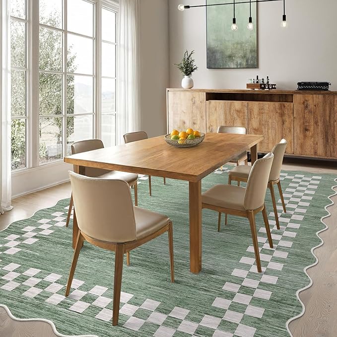 GarveeHome 4x6 Area Rug Small Washable Living Room Rug Scalloped Rug with Rubber Backing Stain Resistant Low Pile Dining Room Throw Carpet Modern Bordered Mat for Bedroom Kitchen, Green