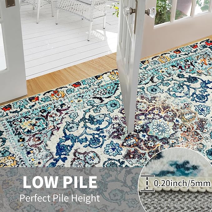 Easy-Going Boho Area Rug 3x5 Entryway Rug Washable Inside Door Mats for Home Entrance Non-Slip Medallion Distressed Small Rugs for Entry Living Room Bedroom Kitchen Lightweight Carpet, Vintage Multi