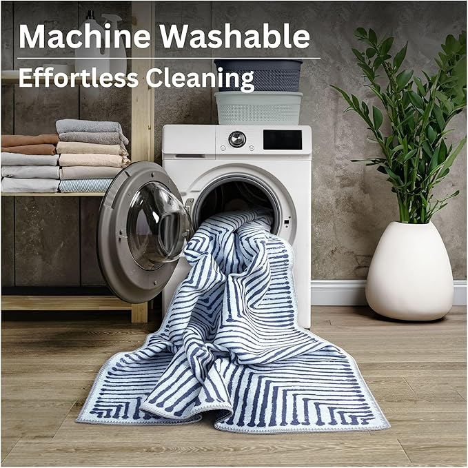 Bloom Rugs Washable Non-Slip 6' x 9' Rug - Blue/Ivory Striped Area Rug for Living Room, Bedroom, Dining Room, and Kitchen - Exact Size: 6' x 9'