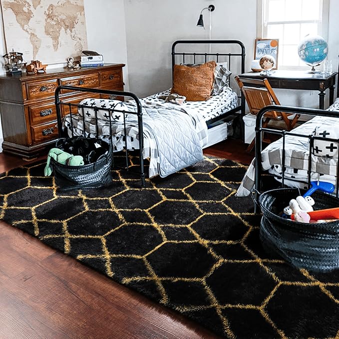 ONASAR 6x9 Area Rugs for Living Room Bedroom, Washable Large Fluffy Black and Gold Throw Rug, Geometric Soft Plush Shaggy Fuzzy Floor Carpet for Nursery Kids Girls Boys Teen Dorm Home Office Decor