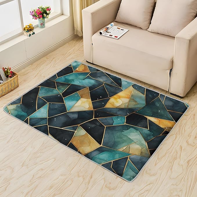 Blue and Gold Rug, 5x6 Rug, Watercolor Art Rugs for Living Room Bedroom, Luxury Large Area Rug, Washable Rug Non Slip Soft Indoor Carpet, Blue and Gold Home & Room Decor