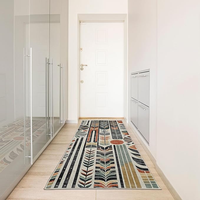 Ambesonne Bohemian Decorative Rug, Retro Mid Century Inspired Abstract Patterns on Ivory Background, Quality Carpet Bedroom Dorm and Living Room, 2' 5" x 7' 5", Dark Orange and Reseda Green