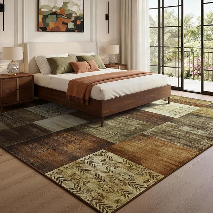 DweIke Washable Area Rugs for Living Room, 5x7 Soft Bedroom Rugs, Geometric Print Non-Slip Modern Rug, Stain Resistant Throw Carpets for Office Nursery Dining Room Home Dorm Decor, Brown
