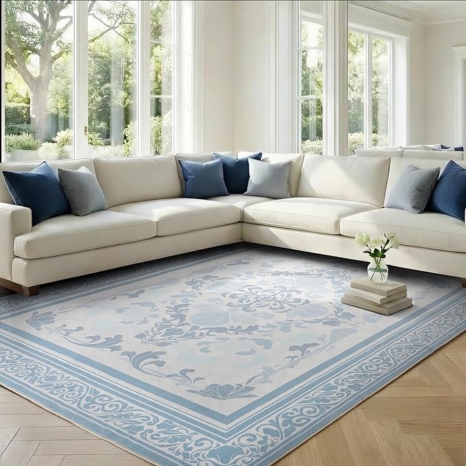 SOULFUL Medium Pile 3x5 Area Rug - Soft Foot Feel Small Entryway Rug - Mist Blue Boho Floral - Washable Non-Slip - Perfect for Living Room Bedroom Foot Kids Room Reading Nook
