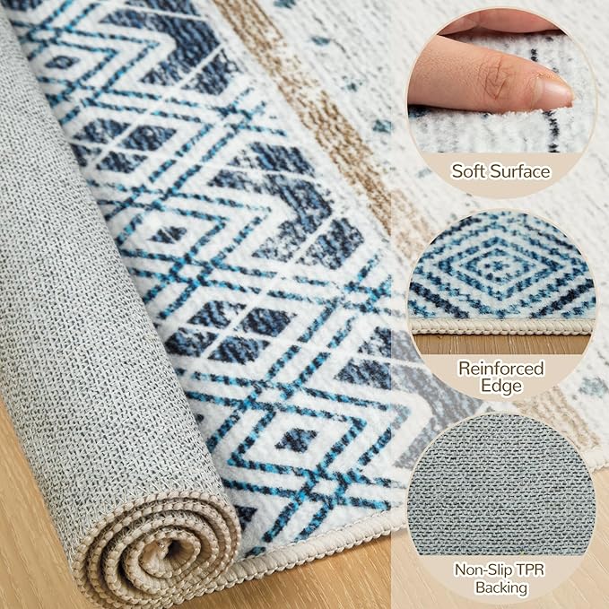BESTSWEETIE 4x6 Area Rugs for Living Room Washable Moroccan Farmhouse Neutral Geometric Low Pile Non-Slip Soft Print Pattern Rug for Bedroom Kitchen Dining Room Entryway Blue/Brown