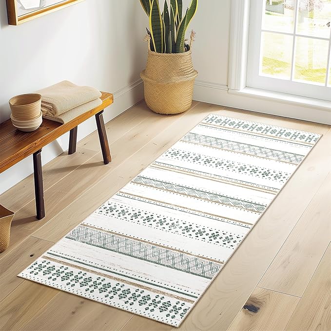 BESTSWEETIE 2x10 Area Rugs for Living Room Washable Moroccan Farmhouse Neutral Geometric Low Pile Non-Slip Soft Print Pattern Rug for Bedroom Kitchen Dining Room Entryway Green/Brown