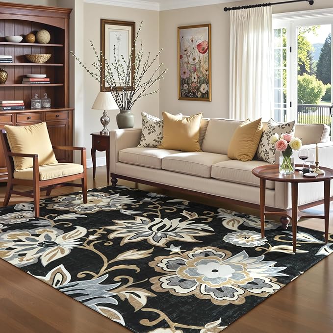 Lahome Floral Black Washable Area Rug 4x6, Non-Slip Ultra-Thin Soft Accent Stain Resistant Indoor Area Rug, Paisley Print Carpet for Bedroom, Living Room, Entryway, Kitchen, Laundry