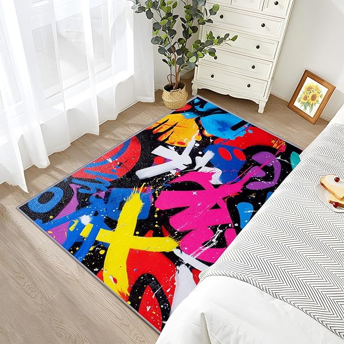 Retro Bedroom Rug - Colorful Geometric Abstract Rug, 6x9 Area Rugs, Funky Pop Art Non Slip Fade Resistant Large Carpets Home Decor #C075