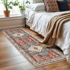 KOZYFLY Runners for Hallways 2x6 Ft Washable Kitchen Runner Rug Boho Runner Rug for Entryway Indoor Rust/Orange/Blue Printed Oriental Faux Wool Floor Carpet Runner for Bedroom Kitchen Hall