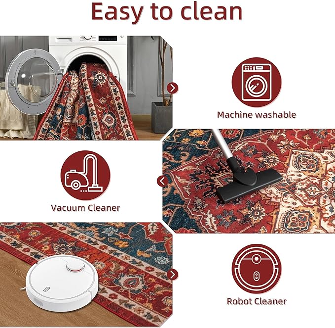 YJ.GWL Area Rugs for Living Room 10x14 Machine Washable Rugs, Non Slip Floral Vintage Rug Indoor Carpet, Stain Resistant Large Rug for Bedroom Dining Room, Orange-Red