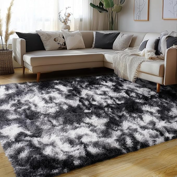 Plush Rug for Living Room Shaggy Area Rug High Pile Fuzzy Rug Non-Slip Indoor Floor Carpet Plush Area Rugs for Living Room Tie Dye Black White 5x7