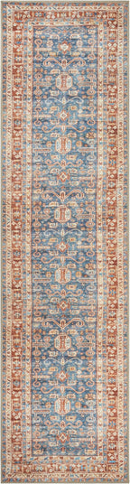 GLN Rugs Traditional Collection - Machine Washable Area Rug, Traditional Washable, Non Slip, Low Pile Chenille Rug, Living Room, Bedroom, Kitchen Rug (2'6" x 10' Terra/Slate Blue)