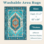SERISSA Boho Area Rug 5x7 Blue, Washable Rugs for Living Room, Ultra Soft Non-Slip Bedroom Rug Print Distressed Vintage Tribal Farmhouse Carpet Rug for Dining Room Dorm Office Home Decor