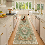 Area Rugs 2'x10' Washable Non-Slip, Floral Vintage Distress Print Pattern Medallion Carpet for Living Room Bedroom Dining Room, Brick Red Rust Neutral Brown Burnt Orange Green