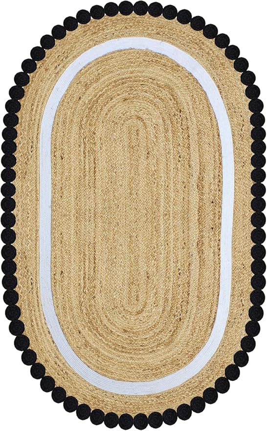 Oval Jute Runner 2.6x8 Flatweave Kilim Runner Hand Braided Jute Thick 0.27" Solid Pattern Black Beige Natural Oval Handmade Boho Indoor Outdoor Rugs for Kitchen Hallway Enterway