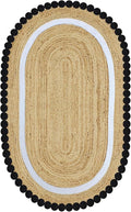 Oval Jute Runner 2.6x18 Flatweave Kilim Runner Hand Braided Jute Thick 0.27" Solid Pattern Black Beige Natural Oval Handmade Boho Indoor Outdoor Rugs for Hallway Enterway Corridor