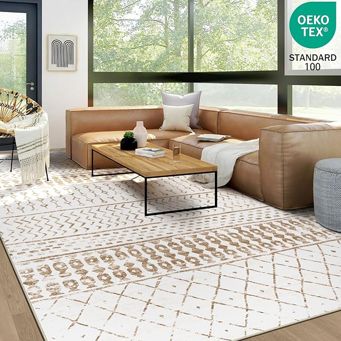 8x10 Machine Washable Area Rug for Living Room, Brown White Vintage Moroccan Rug Large Non-Slip Low Pile Soft Faux Wool Carpet, Kids and Pets Friendly for Bedroom Dining Room Farmhouse Home Decor Rug