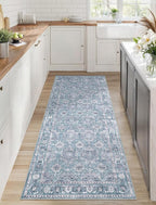SERISSA Boho Washable Runner Rug, 2x5 Rug Non-Slip Vintage Floral Hallway Kitchen Runner Rug Ultra Soft Print Distressed Blue Grey Floor Carpet for Bedroom Bathroom Laundry Room