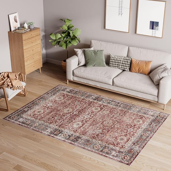 Dripex Vintage Washable Area Rug - 4x6 Distressed Rugs for Living Room Bedroom Oriental Medallion Floral Print Carpet Low-Pile Indoor Soft Non-Slip Accent Rug Farmhouse Office Home Decor