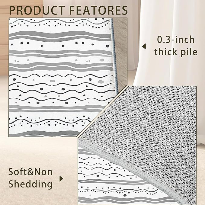 Modern Gray Lines Washable Living Room Area Rug, Low Profile Abstract Pattern, Non-Slip Backing Carpet for Kitchen, Bedroom, Dining Room