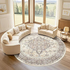 Round Rug Living Room Rugs: 10x10 Washable Boho Neutral Large Circle Soft Indoor Floral Stain Resistant Floor Farmhouse Carpet for Bedroom Nursery Kids Playroom Office Dining Room- Beige Brown
