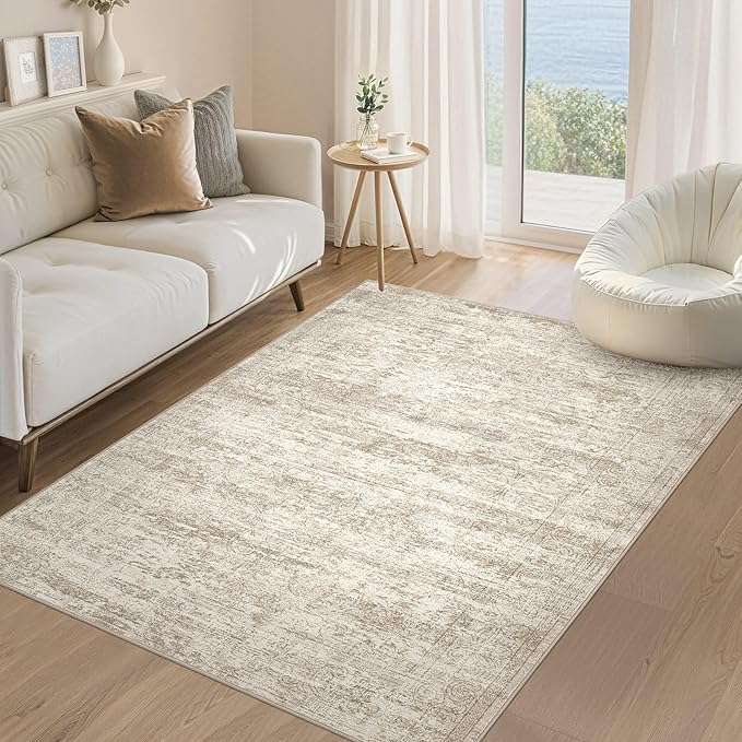 Area Rug Living Room Rugs - 4x6 Large Soft Indoor Neutral Modern Abstract Low Pile Washable Rug Carpet for Bedroom Dining Room Farmhouse Home Office - Vintage Beige