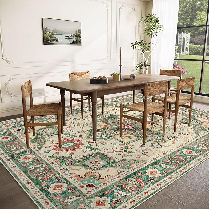 Area Rug 9x12 Washable Rug, Vintage Boho Medallion Rugs Non-Slip Soft Low Pile Large Distressed Rug Indoor Retro Carpet for Living Room Bedroom Dining Room Home Office (Green Beige, 9'x12')