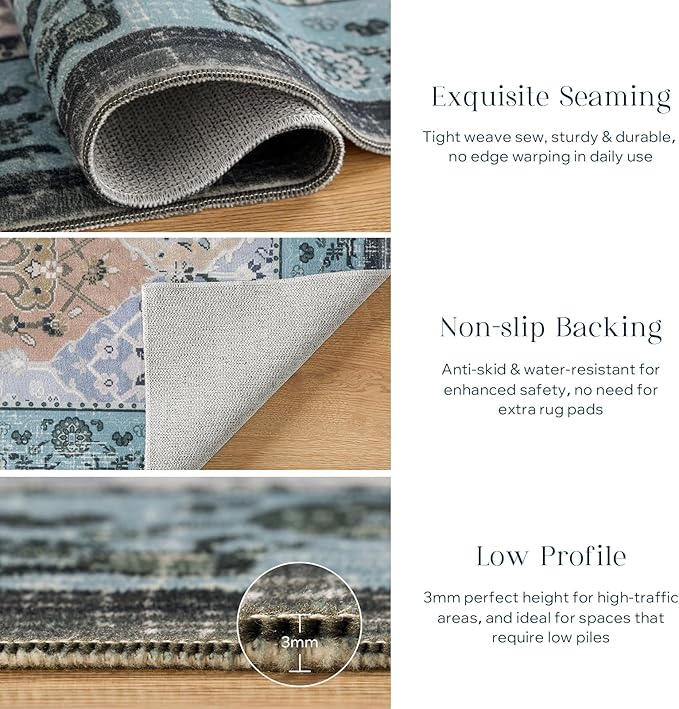 Phantoscope Washable Area Rug 6'x9' Non-Slip, Vintage Boho Rugs for Living Room, Bedroom, Dining Room, Distressed Moroccan Mosaic Diamond Pattern, Low-Pile Foldable Floor Carpet, Blue Teal/Neutral