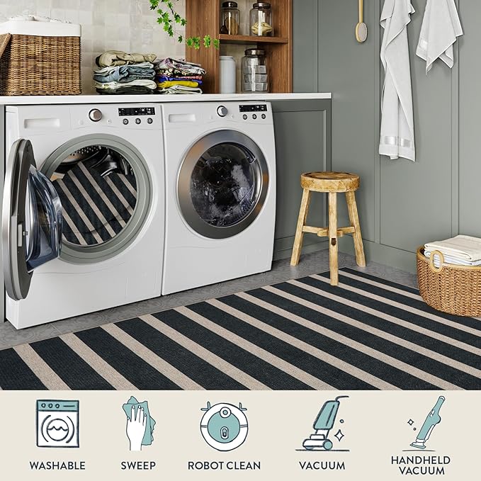 Lahome Striped Easy Jute Outdoor Rug 8x10, Washable Living Room Patio Rug Black Indoor Outdoor Carpet, Farmhouse Geometric Non Slip Non Shedding Carpet for Office Backyard Dining Room