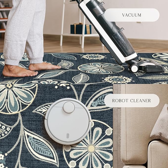 Maples Rugs Reggie Floral Runner Rug - Made in USA - Washable, Non Slip Indoor Carpet for Kitchen, Hallway, and Laundry Room, 2' x 10', Persian Blue