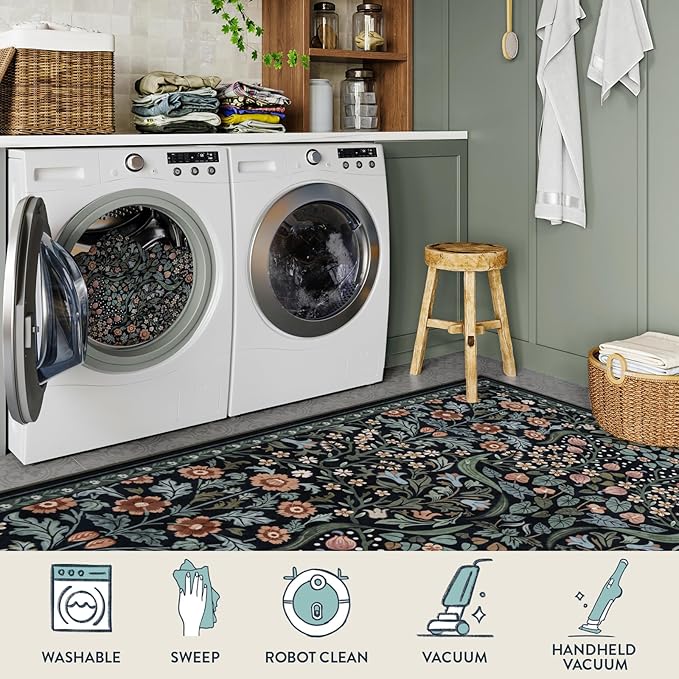 Lahome Floral Bedroom Rugs, 6x9 Black Area Rugs for Living Room, Boho Thin Stain Resistant Carpet for Dining Room, Washable Area Rug Non Slip for Guestroom