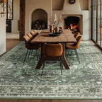 Area Rugs 10'x14' Washable Non-Slip, Floral Vintage Distress Print Pattern Medallion Carpet for Living Room Bedroom Dining Room, Dark Green Gray