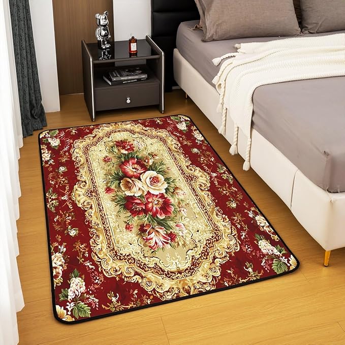 Elegant Red Floral 3 x 5 Area Rug Gold Geometric Rugs for Living Room | Bohemian Nordic Floral Washable Rug, Antique Decor Victorian Damask Carpet Indoor Floor Mat