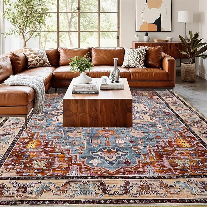 Washable Area Rugs 3x5, Low Pile Vintage Carpet, Non-Slip Distressed Rug for Bedroomn Living Room, Dining Room, Non-Slip, Low Pile, Rust Brown